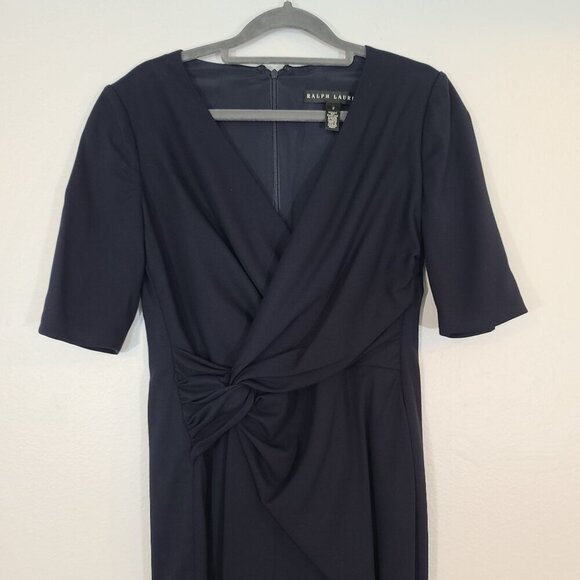 Ralph Lauren Black Label Faux Wrap‎ Gathered Waist Shift Dress Wool Navy Size 2 - Picture 2 of 8